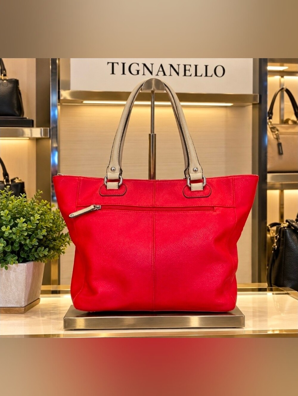 Tignanello Red Leather Tote with Cream Handles